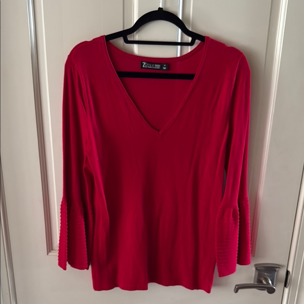 Red Relaxed 3/4 Sleeve V-neck Blouse